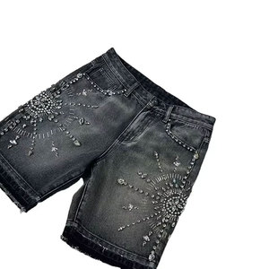 Street wear Custom Vintage Light Wash Men <b>Jogger</b> Stone <b>Shorts</b> with Crystal Embroidery 100% Cotton Eco-Friendly Straight Fit - Product Image 1
