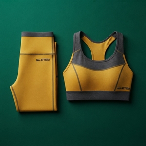 Conjunto Deportivo para Mujer, Color Amarillo Mostaza Sólido con Logotipo Frontal, Bra Deportivo y Leggings de Cintura Media para Yoga, Gimnasio, Fitness y Entrenamiento - Product Image 5