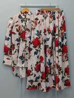 Ensemble jupe palazzo boutonnée taille haute mi-mollet pour femme, élégant, col en V, manches longues, imprimé floral, ajouré, anti-plis, coupe droite