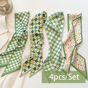 Lot de 4 foulards en satin de soie pour femme, bandeaux pour cheveux, accessoires de coiffure, foulards pour dames, rubans, attaches pour poignée de sac - Product Image 3