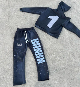 ชุดเซ็ตเสื้อฮู้ดดี้และกางเกงวอร์มทรงแฟลร์สไตล์วินเทจสำหรับผู้ชาย ผ้าฝ้าย 100% ล้างสีแบบแอซิดวอช เหมาะสำหรับฤดูหนาว รับผลิตตามสั่งขายส่ง - Product Image 3