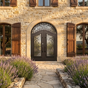 Modern Wrought Iron Double Entry Door with Arched Top and Scroll Design Water Resistant Finished Surface for Exterior Use - Product Image 5