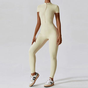 Combinaison de fitness pour femme, coupe ajustée, sans manches, demi-zip, body de yoga, couleur personnalisée, ensemble de sport 2 pièces, taille haute, couleur unie - Product Image 4