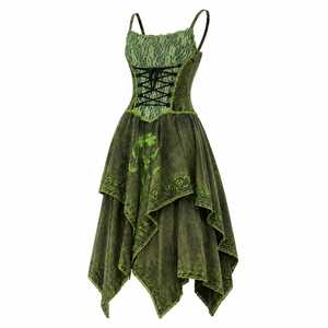 Vestido Corsé Gótico Vintage Verde Bosque para Mujer con Corsé de Encaje, Dobladillo Bordado con Diseño de Pañuelo, Sin Mangas, Estilo Cottage Core, Nuevo - Product Image 1