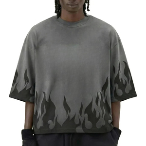 Men's Oversized Washed Cotton T-<b>Shirt</b> Short Sleeve O-Neck <b>Flame</b> Print Street Style Jersey Knit Regular Length Men's T-<b>Shirt</b> - Product Image 1