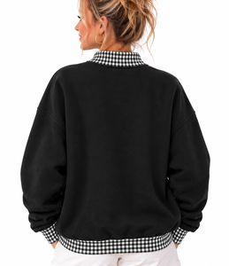 Sudadera Oversize Personalizada para Mujer al por Mayor con Cuello Mock, Diseño a Cuadros, Aplicación de Letras y Bloques de Color - Product Image 3