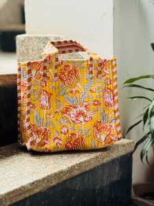 Sac fourre-tout en coton matelassé jaune à fleurs avec poignées rayées, fermeture éclair, style bohème, sac de shopping pour femmes, toutes saisons - Product Image 1
