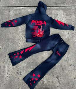Customized Manufacturer Acid Washed Rhinestones Zip up Tracksuit Two Pieces Stripe <b>Hoodie</b> Sets Applique Sun Fade Sweatpants Sets - Product Image 5