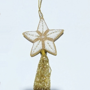 Adorno Navideño de Estrella con Cuentas Hecho a Mano, con Borla Dorada, Estrella Bordada con Cuentas Blancas y Doradas, Decoración Colgante para Árbol de Navidad - Product Image 1