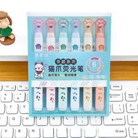 Ensemble de 6 surligneurs mignons en forme de patte de chat H35, pointes biseautées, trois styles de dessins animés, couleurs pastel, fournitures scolaires et de bureau
