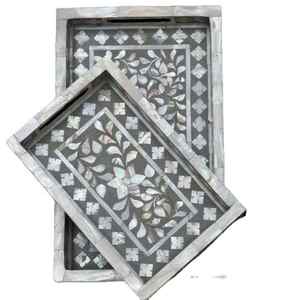 Designer Mother of Pearl Inlay Serving Tray Antique Style Rectangular Home Kitchen Decor - Product Image 2