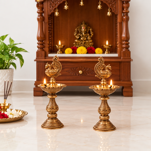 brass peacock five bowl diya oil <b>lamp</b> five wick deepam five diya deepak traditional puja <b>lamp</b> home temple decor diwali decorate - Product Image 3