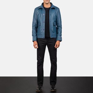 <b>Men's</b> Blue Genuine Leather <b>Jacket</b> Stand Collar Casual Regular Fit Single Breasted Button Closure Autumn Wear - Product Image 4