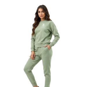 Ensemble de survêtement deux pièces pour femme, vert sauge, hiver, sweat-shirt à col rond et pantalon de jogging, vêtements de sport décontractés, 100% polyester - Product Image 4