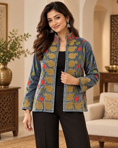 Suzani Grey <b>Velvet</b> Embroidered <b>Jacket</b> for <b>Women</b> Elegant Floral Threadwork Ethnic Open Front Winter Fashion Party Wear Wholesale - Product Image 2