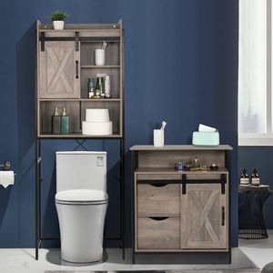 Mobile da Bagno in Stile Retrò in MDF e Triamina con Telaio in Ferro, Porta Scorrevole a Due Livelli e Due Cassetti, Adatto anche per Soggiorno - Product Image 2