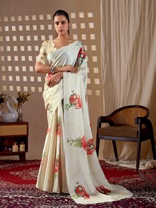 Wholesale Elegant Cream Ivory <b>Saree</b> Luxury Soft Satin Silk <b>Red</b> Floral Printed Indian Traditional Wear Women Party Sari Contrast - Product Image 4