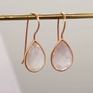 Aretes Colgantes de Cuarzo Rosa, Plata de Ley 925, Chapados en Oro de 14K, Forma de Lágrima Rosa, Piedra de Nacimiento, para Regalos de Aniversario y Fiesta - Product Image 2