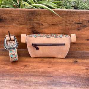 Nuevas riñoneras de cuero mecanizadas a mano para mujer, riñonera Vintage de cuero genuino, riñoneras de cuero con patrón Floral turquesa occidental - Product Image 5