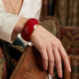 Classic Crimson Red Enamel Wide Cuff Bangle <b>Bracelet</b> with Gold Trim Edges Glossy Chunky Statement Wrist Band Jewelry for Women - Product Image 2
