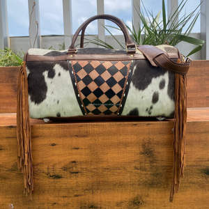 Popular logotipo personalizado tablero a cuadros conjuntos combinados de 2 piezas Fitness mano Tooled FIN DE SEMANA durante la noche cuero de vaca genuino bolsas de lona de viaje - Product Image 5