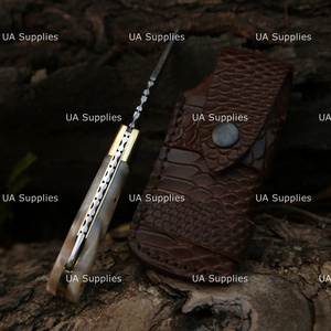 High Quality Damascus Steel Industrial Grade Straight Edge <b>Lock</b> Back Folding Knife Wood Handle Brass Accents Crocodile Pouch - Product Image 3