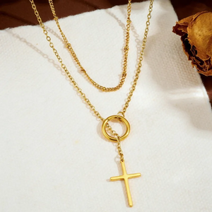 สร้อยคอรูปกางเขนสำหรับผู้หญิง พร้อมเคลือบทองแบบ PVD และสายโซ่ทองคำดีไซน์หรูหรา - Product Image 2
