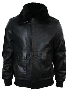 Men's Genuine <b>Leather</b> Bomber <b>Jacket</b> With Fur Collar Zipper Closure Solid Color Windproof <b>Winter</b> <b>Jacket</b> Available For Sale - Product Image 4