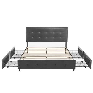 Letto Matrimoniale Regolabile con Contenitore, 4 Cassetti, Testiera in Legno Imbottita in Ecopelle con Bottoni Trapuntati, Stile Morbido - Product Image 2