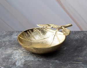 Cuenco Redondo Dorado con Diseño de Hojas y Vetas, Cuenco Decorativo de Metal para Centro de Mesa, Decoración del Hogar - Product Image 3