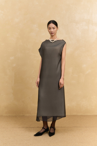 Vestido Casual Elegante Diario Minimalista Midi de Verano de Organza Transparente de Seda Tejida Sencillo Holgado con Hombros Descubiertos y Abertura Lateral Asimétrica - Product Image 5