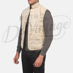 Chaleco acolchado de gamuza beige premium para hombre, con botones, cuello alto, sin mangas, corte ajustado, para invierno. - Product Image 3