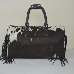 Bolsa de Viaje de Cuero Genuino con Pelo de Vaca, Cierre de Cremallera, Estilo Vintage, Hecha a Mano, para Fin de Semana o Viajes Cortos LHODB-0114 - Product Image 1