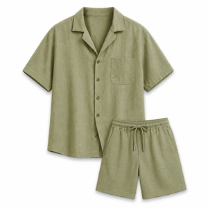 Ensemble de pyjama décontracté pour homme en mélange de lin teint en pièce, chemise à manches courtes à col et short à taille élastique, tenue d'été pour la détente et le sommeil - Product Image 5