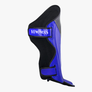 Protège-tibias MMA en cuir bleu-noir, fermeture auto-agrippante, protection professionnelle réglable pour adultes, protège-jambes sportifs - Product Image 2