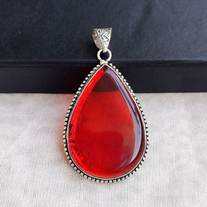 Large Red Onyx Teardrop Pendant <b>Necklace</b> Brass Ornate Vintage <b>Boho</b> Ethnic Statement Jewelry Gift for Women - Product Image 2