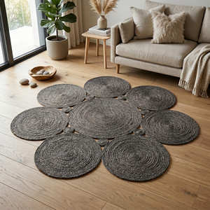 Grey Braided <b>Round</b> Jute Rug with Decorative Floral Arrangement for Contemporary Living Spaces - Product Image 2