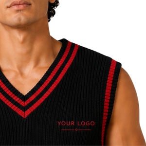 Gilet pull en maille pour homme, noir et rouge à rayures contrastées, col en V, sans manches, décontracté, léger, personnalisable avec logo, fabrication OEM - Product Image 6