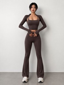 Long Sleeve <b>Ruched</b> High Waist Seamless Yoga Set Crew Neck Full Length Solid Color 3 Piece Set Spandex/Nylon Four-Way - Product Image 1