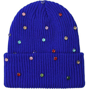 Bonnet d'hiver de luxe pour femme, en tricot côtelé, orné de strass et de cristaux, avec revers, couleur jaune moutarde, chaud et étincelant - Product Image 2