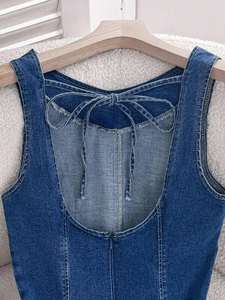 จั๊มสูทเดนิมทรงหลวมสไตล์ลำลองสำหรับวันหยุดสุดหรู ขาสั้นแบบพับขอบ เหมาะสำหรับวัยรุ่นหญิง สไตล์โบฮีเมียนสำหรับวันหยุดฤดูร้อน - Product Image 6