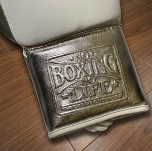 ถุงมือชกมวยแบบมืออาชีพสำหรับฝึกซ้อมและแข่งขัน ยี่ห้อ Wholesale No Boxing No Life Mexican Gloves สีขาวและสีเงิน - Product Image 4