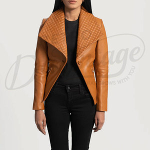 Women Tan Real <b>Leather</b> Biker <b>Jacket</b> with Quilted Shawl Collar Slim Fit Premium Sheepskin Asymmetric Casual Fashionable Blazer - Product Image 3