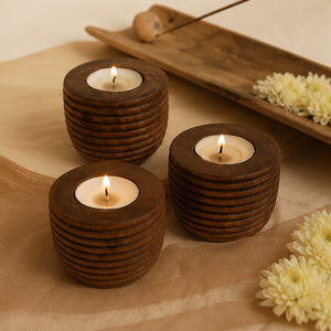 Handcrafted Ribbed Sheesham Wood <b>Tea</b> <b>Light</b> Candle Holder Set For Home Decor Decorative Round Wooden Votive Stand For Festive - Product Image 2