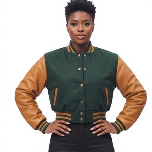 <b>Women's</b> Green Varsity <b>Jacket</b> With <b>Tan</b> Genuine Leather Sleeves Contrast Color Woolen Coat - Product Image 1