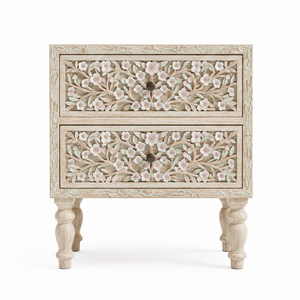 Blossom Haven Eco-Friendly Durable Handmade Whitewashed Mango Wood Farmhouse Floral Carved 2-<b>Drawer</b> Bedroom Nightstand Cabinet - Product Image 1