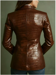 Brown PU Leather Jacket With Turn-down Collar Embossed Crocodile Pattern Single Breasted <b>Men's</b> Smart Casual Autumn Outerwear - Product Image 2
