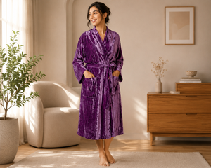 Peignoir Kimono en Velours Floral Écologique Violet pour Femme, Robe de Chambre de Luxe en Peluche à Col Châle avec Poches, Doux et Chaud pour l'Hiver - Product Image 1