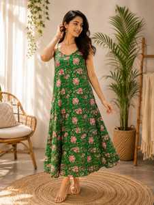 Robe midi vintage à imprimé floral en coton 100% pour femmes, taille naturelle, bretelles spaghetti |   Silhouette évasée respirante et écologique - Product Image 1