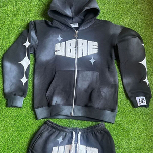 Sudadera con capucha oversize con cremallera, lavado ácido, con bordado, patchwork, pedrería y apliques con relieve de mono, estilo moda urbana, Otoño 2026, 100% - Product Image 3